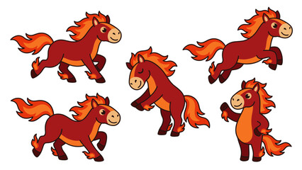 Collection of Adorable Cartoon Horses in Various Poses. Vector Illustration. EPS Editable