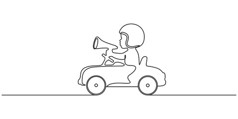Continuous line drawing of a child wearing a helmet and driving a toy car while holding a megaphone vector illustration