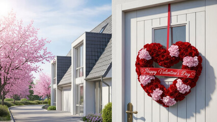Valentine's Day hear shaped wreath on a white door on cozy town street background.	