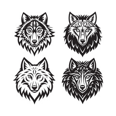 Wolf Head Vector Set, Four distinct black and white wolf head designs, from tribal to detailed (1).eps