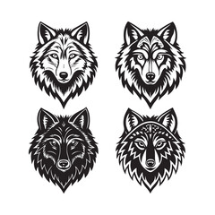 Wolf Head Vector Set, Four distinct black and white wolf head designs, from tribal to detailed (3).eps