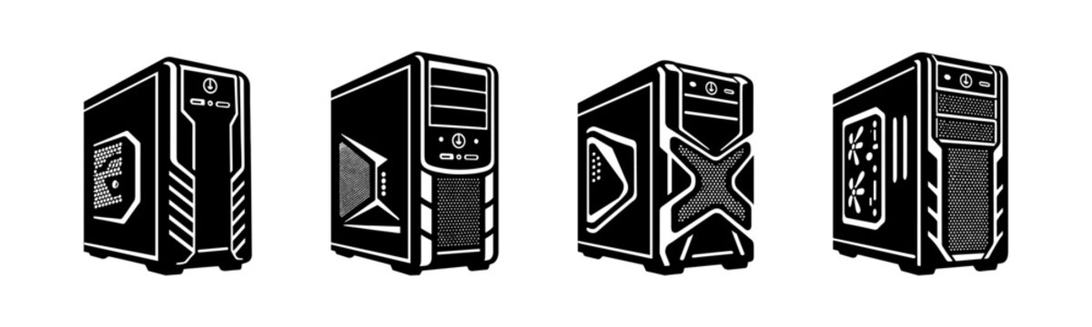 Computer cases vector icons set including desktop chassis and tower designs