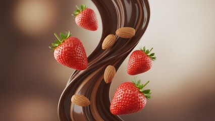 Melted chocolate swirl with strawberry and almond. Delicious dessert food ingredient background for recipe or candy advertisement.