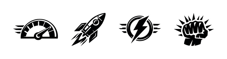 Obraz premium Speed and power vector icons set: performance, rocket, energy, strength
