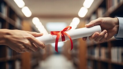 Woman handing over a diploma scroll to a man, concept of graduation, success, achievement, and education completion