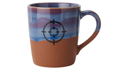 Ceramic Mug with Blue and Orange Glaze and Target Symbol isolated on a transparent background