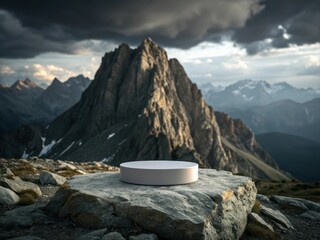 Minimalist white podium on rocky mountain peak with dramatic stormy sky