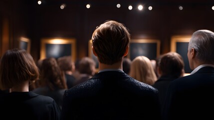 Gathering in an Art Gallery: A group of individuals, viewed from behind, stand in a dimly lit art gallery, seemingly captivated by the artwork. The scene evokes a sense of contemplative appreciation.