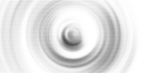 Black radial halftone circles. Dotted sound wave rings. Stippled epicenter, target, radar icon concept. Ripple concentric signal vibration element. Vector round dashed and dotted