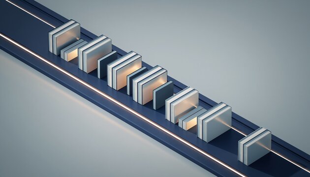 Automated production line with metallic blocks moving on a glowing conveyor belt.