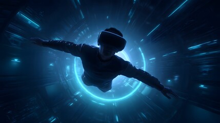 Virtual reality travel: A person with a VR headset floats through a futuristic tunnel of light, capturing the concept of virtual reality and the potential for immersive experiences. 