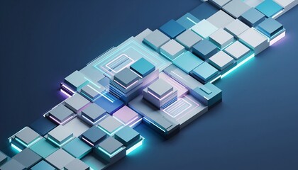 Abstract digital landscape with glowing blue and purple blocks representing data or technology.