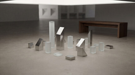 Crystal and steel shapes cluster on the floor of a contemporary gallery. Soft light illuminates the artful arrangement and the bench in the background.