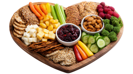 Wooden heart shaped board with various snack selection assorted crackers and berries