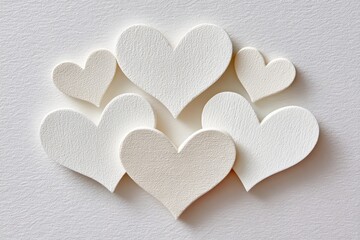 Decorative heart shapes arranged in a romantic composition on a textured background, ideal for Valentine's Day or wedding themes with soft shadows and varying sizes