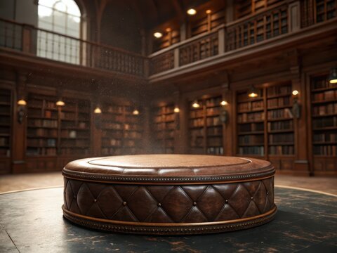 Elegant leather display pedestal in a grand library with bookshelves and warm lighting