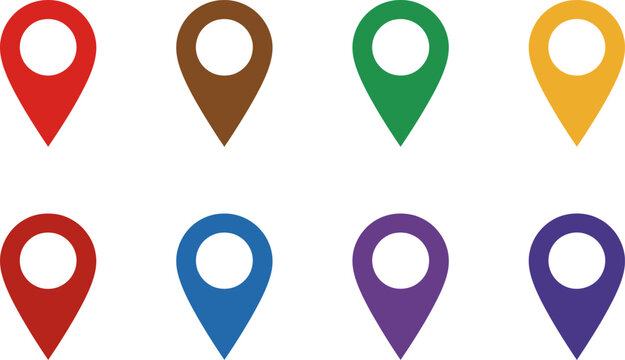 Set of eight colorful map marker icons with red, brown, green, yellow, blue, and purple variations for location identification and navigation