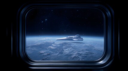 Fototapeta premium Celestial Voyager: A solitary spacecraft gracefully glides through the vast expanse of the cosmos, viewed from a window, presenting a scene of interstellar travel and discovery.