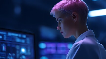 Cyber Explorer: Focused female scientist working with intricate data interface, analyzing complex information with high concentration in the technologically advanced laboratory.