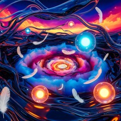 Surreal glossy artwork of liquid glass feathers and glowing orbs with tactile radiant abstract textures
