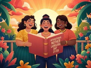 hree Friends Reading Giant Book Celebrating Mother Language Day Outdoors