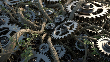 Intricate gears intermingled with roots, illustrating the complex harmony of nature and mechanics