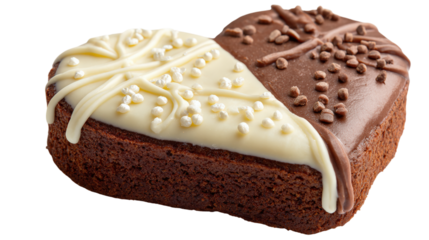 Delicious heart shaped brownie half chocolate and white chocolate on transparent backdrop