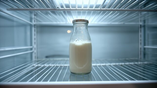 An almost empty glass milk bottle stands alone on a wire shelf inside a brightly lit, nearly vacant refrigerator