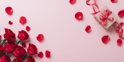 pink flat lay with red roses, scattered petals, ribbon swirls and small gift box &mdash; romantic composition