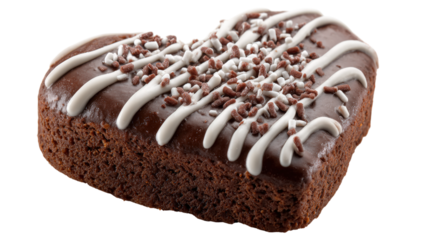 Delicious heart shaped brownie with chocolate frosting isolated on transparent backdrop