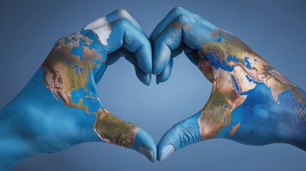 Hands painted with a detailed world map forming a heart shape. A powerful and artistic concept representing global love, peace, and unity