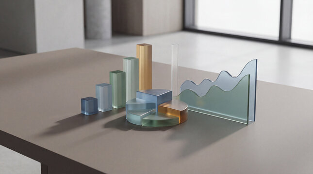 Geometric shapes crafted from translucent material form bar graphs and pie charts. These sparkling diagrams depict financial data on a conference room table by a window. - Powered by Adobe