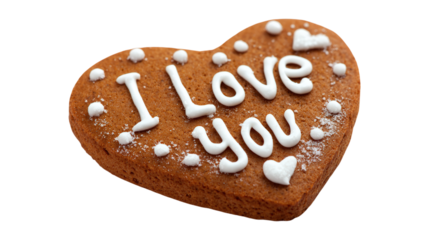 Gingerbread heart with white icing decor dots and i love you text on gray ground