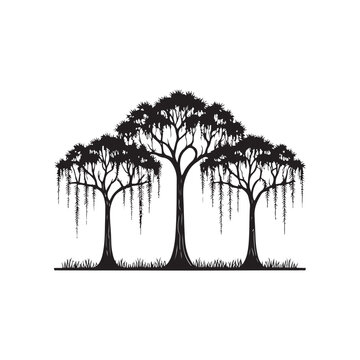 Silhouette Trees with Spanish Moss and Cypress ? Minimalist Black and White Vector Illustration (2).eps