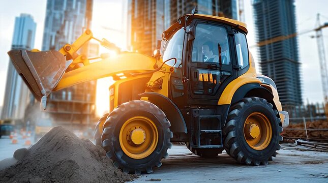 A yellow and black construction vehicle with a large bucket on the front parked on a city construction site with tall buildings