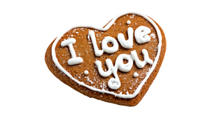 Gingerbread heart with white icing dots and i love you text on gray surface blank