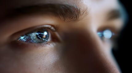 Gaze into the Digital Future: A close-up view of a person's eyes reflecting a digital interface, representing the merging of human vision with technology.