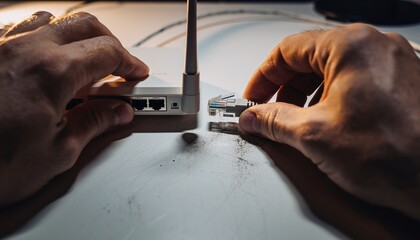 Close-up of hands connecting an Ethernet cable to a white Wi-Fi router.