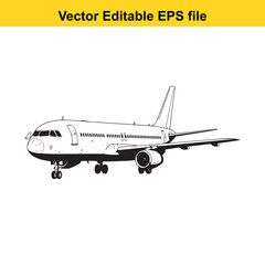 Passenger airplane line drawing, commercial aircraft with landing gear hand drawn illustration
