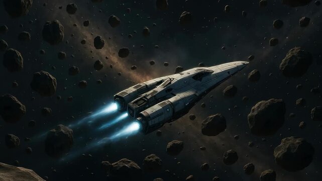 A dynamic space scene with a spaceship navigating through an asteroid field. The video captures a top-down angle, highlighting speed and adventure. Live desktop wallpaper.