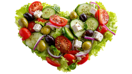 Greek salad in heart shape isolated on transparent background cutout food