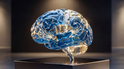 A translucent brain sculpture, crafted from a crystal-like material, rests on a square pedestal. It radiates a subtle, golden light, illuminating its complex structure.