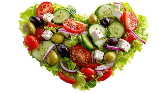 Greek salad in heart shape isolated on transparent background cutout food