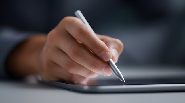 Digital Pen in Hand: A detailed shot highlights a hand delicately holding a sleek, silver digital pen poised over a tablet device, suggesting precision and innovation. 