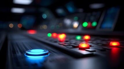 Technology Symphony: A close-up shot of a sophisticated control panel illuminated by vibrant lights, depicting the core of technological expertise and modern design.