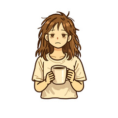hand draw tired woman holding coffee mug minimalist 