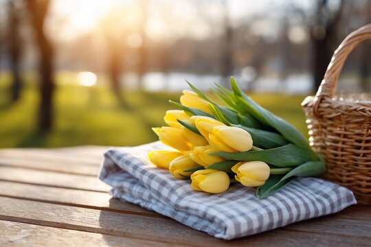 Yellow tulips on a table in a park during sunset - Powered by Adobe