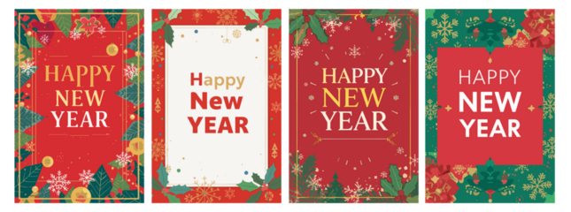 template Christmas and New Year banner with a flat design style, featuring vibrant and festive colors, including shades of red, green, gold, and blue