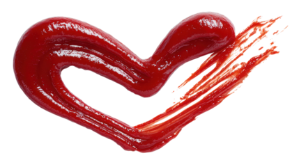 Heart shape made of ketchup with splatter on transparent background cutout
