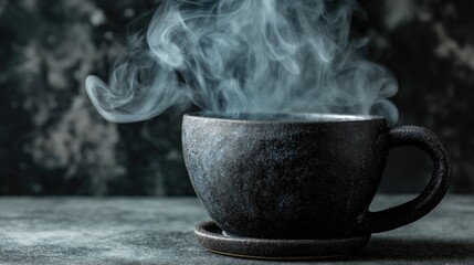 Black ceramic cup with steam rising from hot beverage, moody background, modern aesthetic, cozy atmosphere, perfect for coffee or tea enthusiasts, relaxation theme
